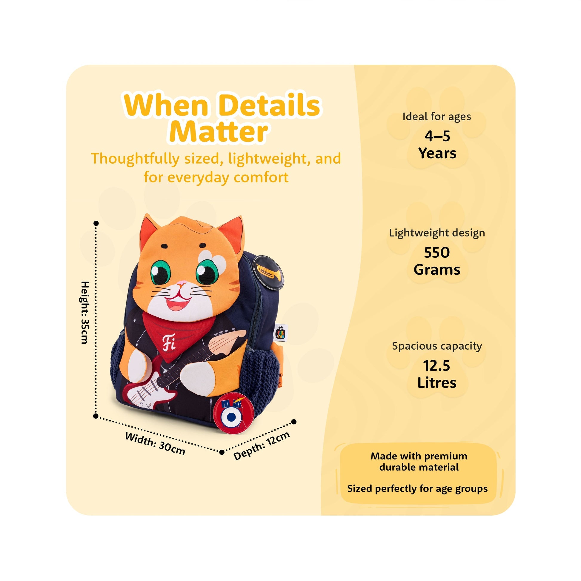 Filli & Me Rockstar Filli HugBag 12.5L Kids Backpack for Kindergarten (4–5 Years) Lightweight School & Travel Bag