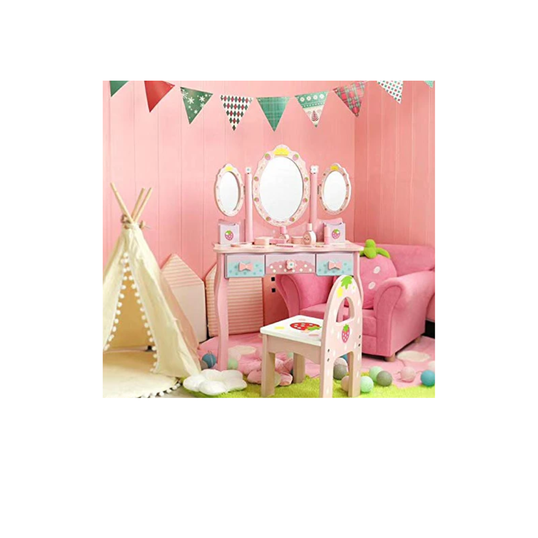 Rainbow Toys Kids Wooden Dressing Table Vanity Table and Stool Set With Mirror