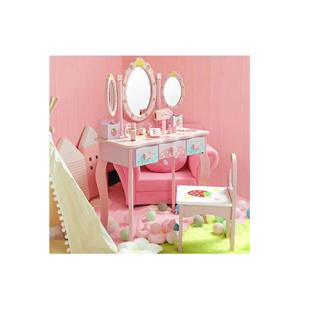 Rainbow Toys Kids Wooden Dressing Table Vanity Table and Stool Set With Mirror