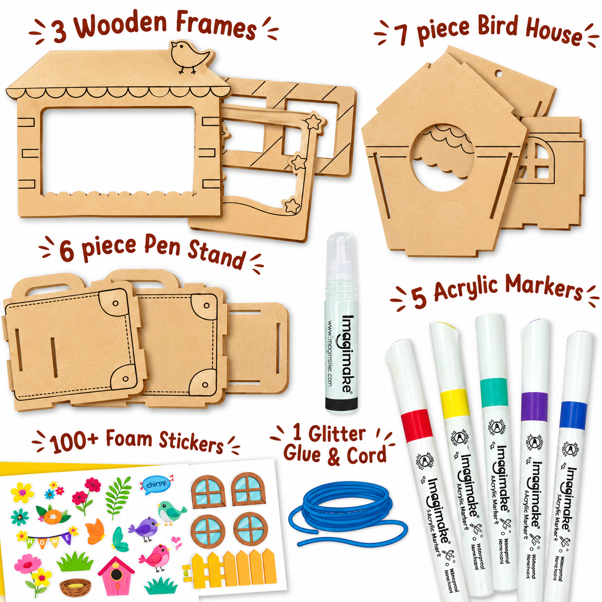 Imagimake DIY Wood Art Mega Pack – 5 Creative Projects, Paint & Decorate Wooden Craft Kit for Kids, 5+ Years