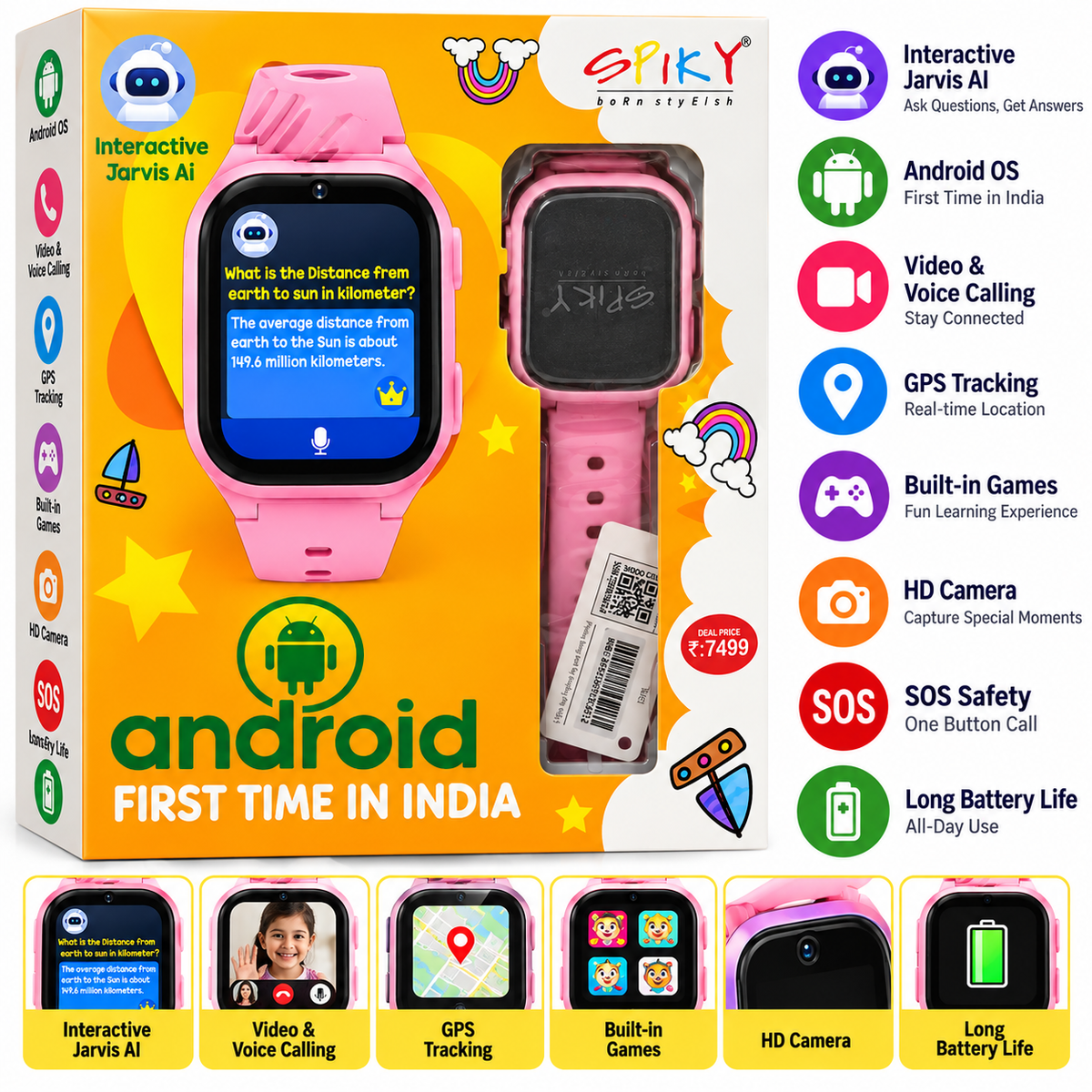 Spiky Chimera Kids Android Smartwatch | Jarvis AI, Video Calling & GPS – Pink