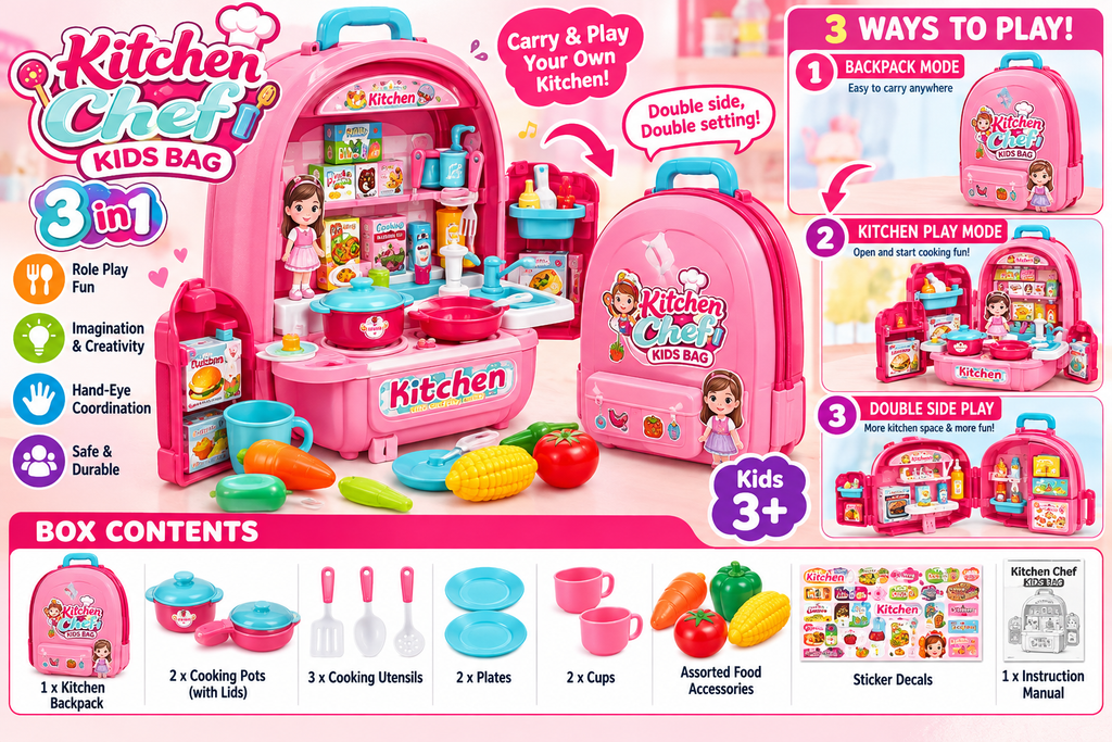 3-in-1 Kitchen Chef Kids Backpack Pretend Play Set – Portable Kitchen Toy | Ages 3+