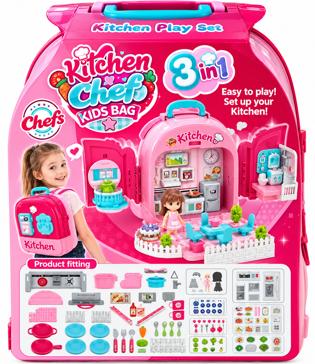 3-in-1 Kitchen Chef Kids Backpack Pretend Play Set – Portable Kitchen Toy | Ages 3+