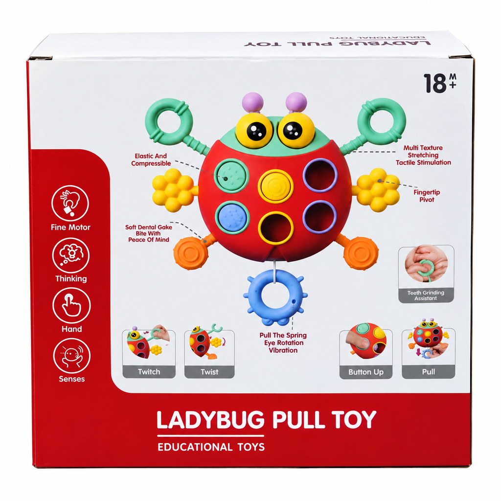 Ladybug Pull Toy for Babies Ages 18 Months+ | Montessori Sensory Educational Toy with Pull Strings, Colourful Buttons & Fine Motor Skill Activities