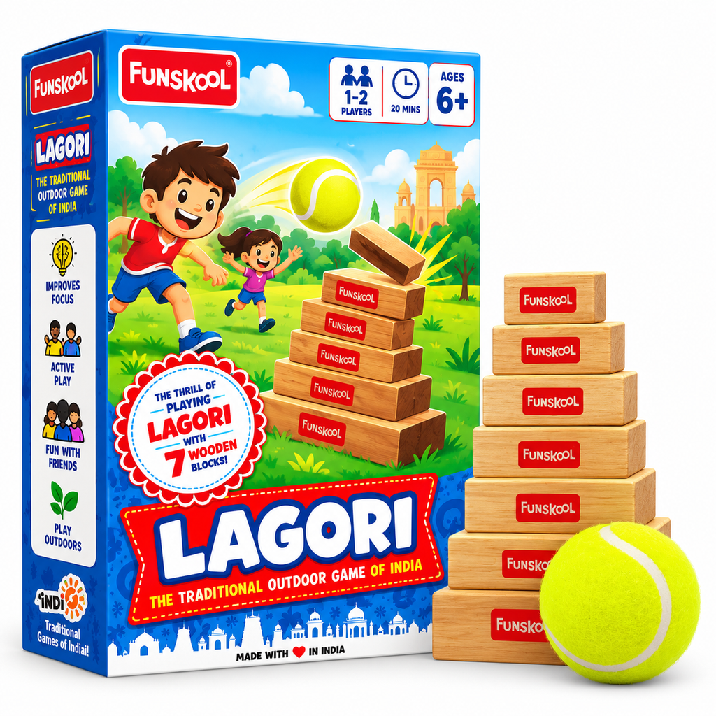 Funskool Lagori Traditional Outdoor Game | 7 Wooden Blocks & Ball | Classic Indian Team Game for Kids Ages 6+