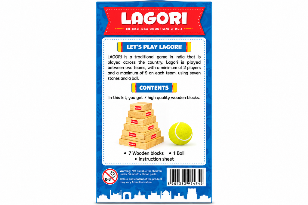 Funskool Lagori Traditional Outdoor Game | 7 Wooden Blocks & Ball | Classic Indian Team Game for Kids Ages 6+