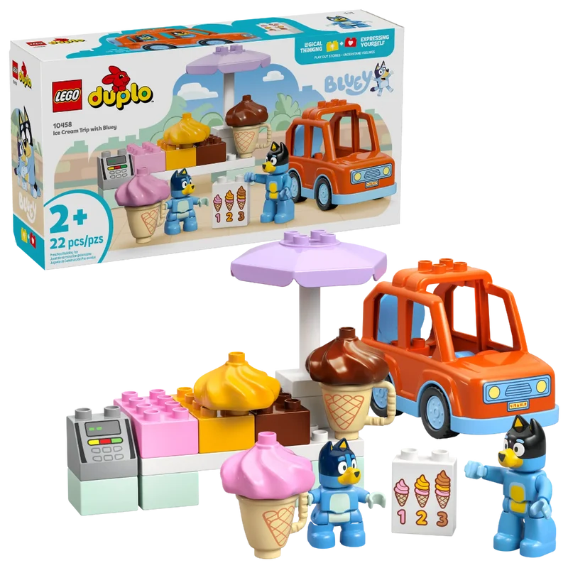 LEGO DUPLO Bluey Ice Cream Trip Building Set 10458, 22 Pieces, Toy Car, Ice Cream Stand & Bluey Figures – 2+ Years