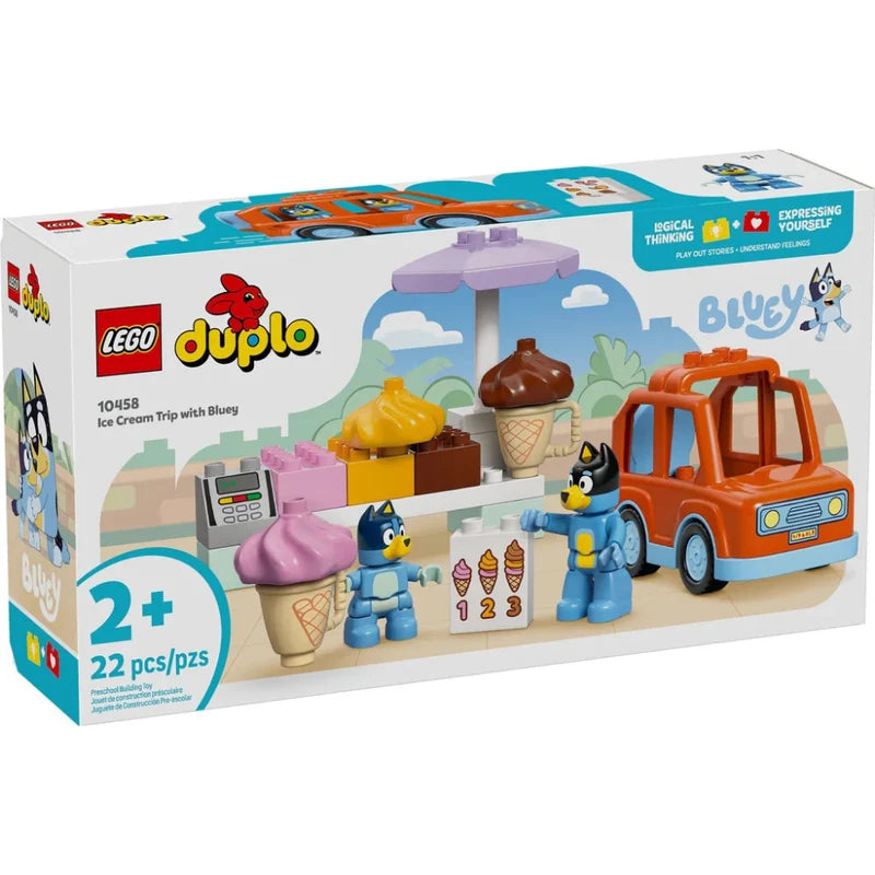 LEGO DUPLO Bluey Ice Cream Trip Building Set 10458, 22 Pieces, Toy Car, Ice Cream Stand & Bluey Figures – 2+ Years