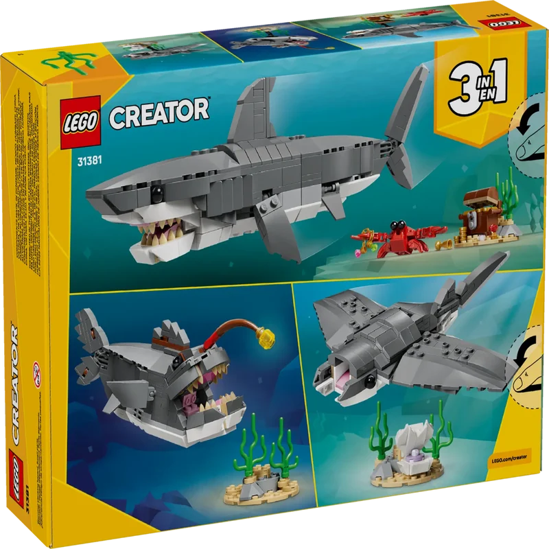 LEGO Creator 3-in-1 Fierce Shark with a Treasure Chest Building Set 31381, 379 Pieces, 3 Ocean Animals – 8+ Years