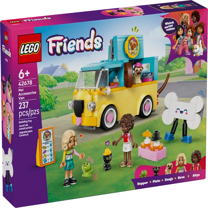 LEGO Friends Pet Accessories Van Building Set 42678, 237 Pieces, Pug-Shaped Van, 2 Mini Dolls & 3 Animal Figures – 6+ Years
