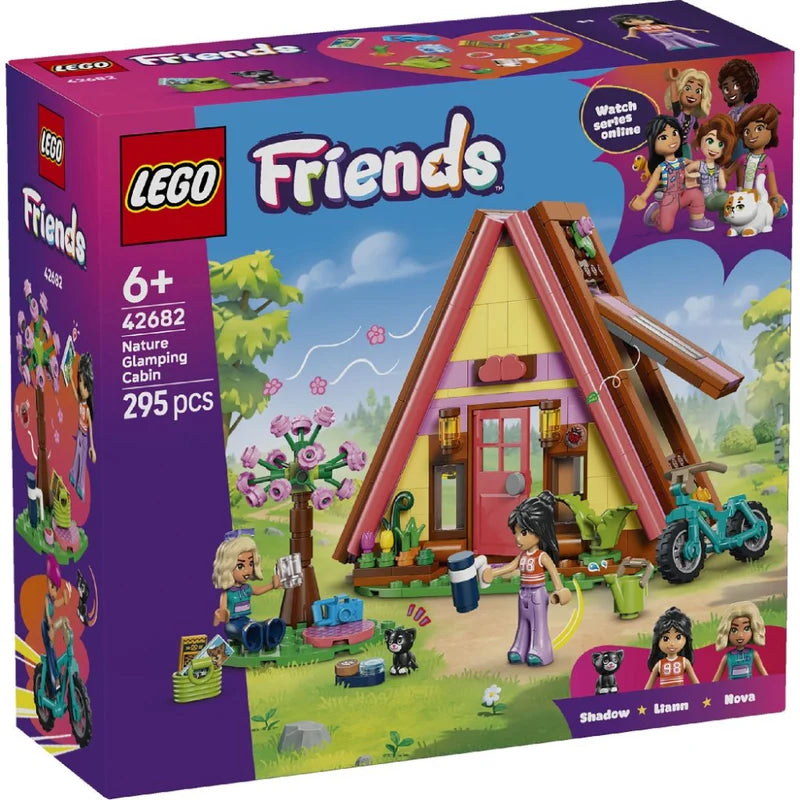 LEGO Friends Nature Glamping Cabin Building Set 42682, 295 Pieces, A-Frame Camping House with 2 Mini Dolls & Kitten – 6+ Years