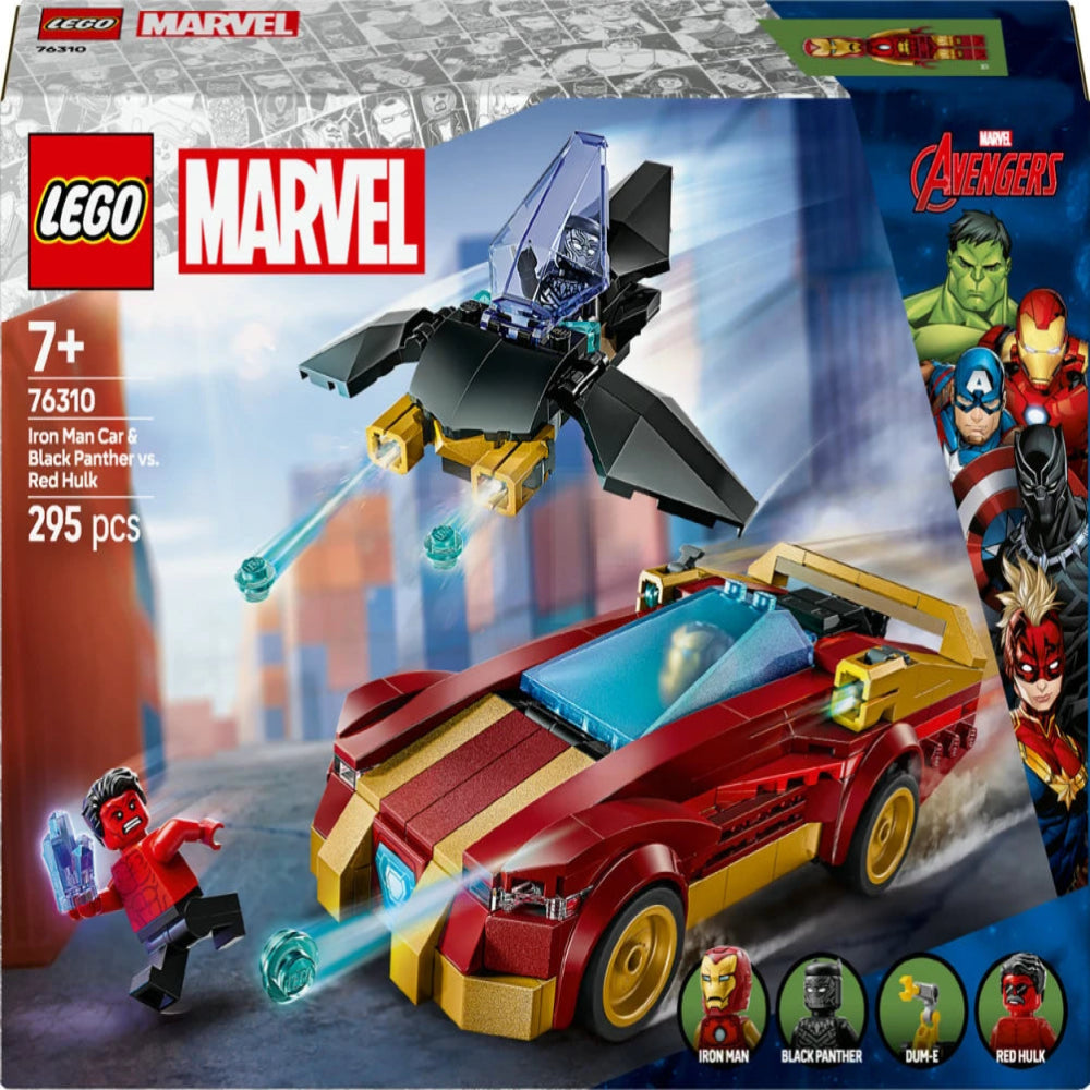 Lego 76310 Super Heroes Marvel Iron Man Car & Black Panther Vs. Red Hulk (295 Pieces)