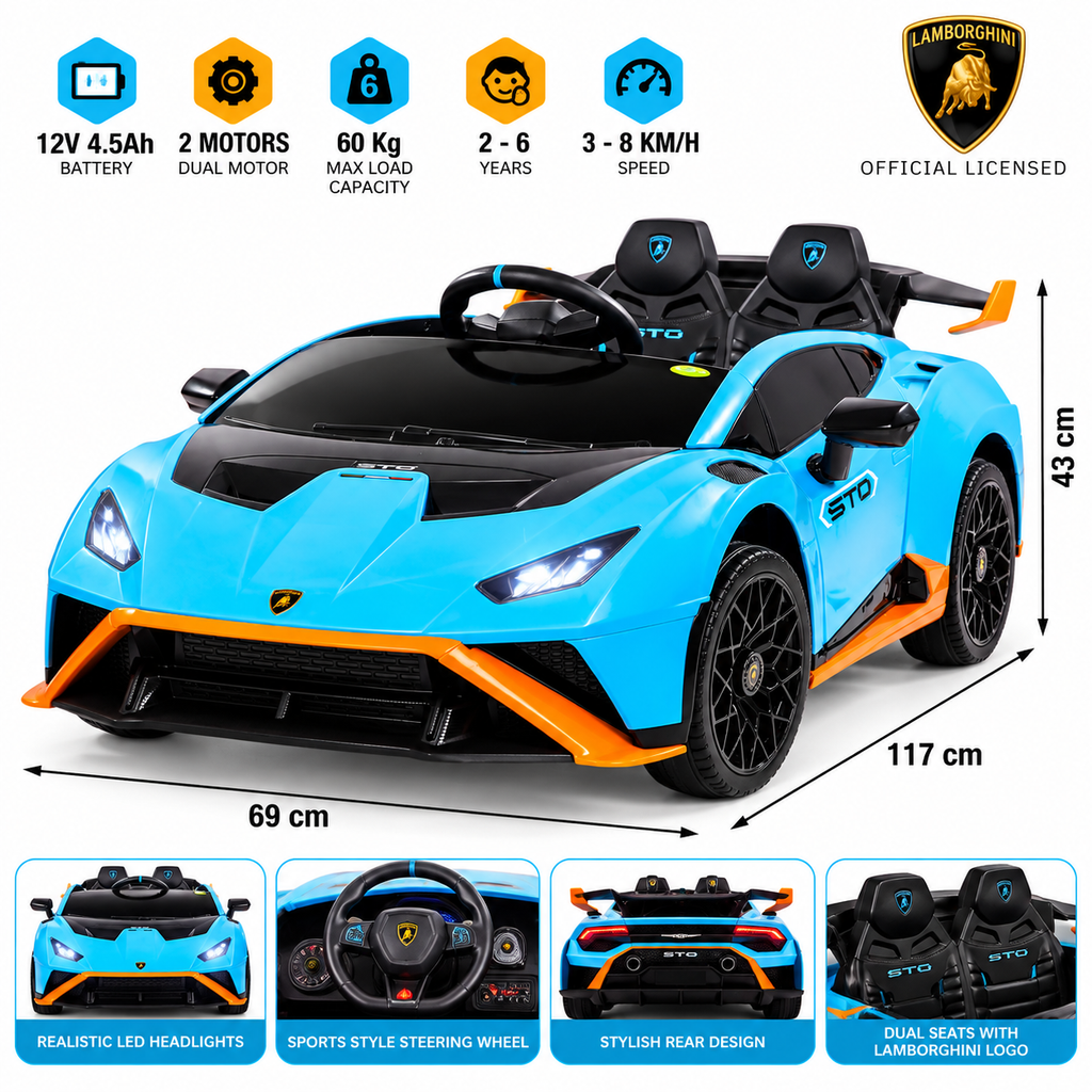 Licensed Lamborghini STO 12V Battery Operated Ride-On Car for Kids | Dual Motor | Blue