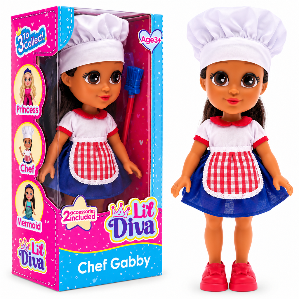 Li'l Diva Chef Gabby 13-Inch Doll with Chef Outfit & 2 Accessories – 3+ Years
