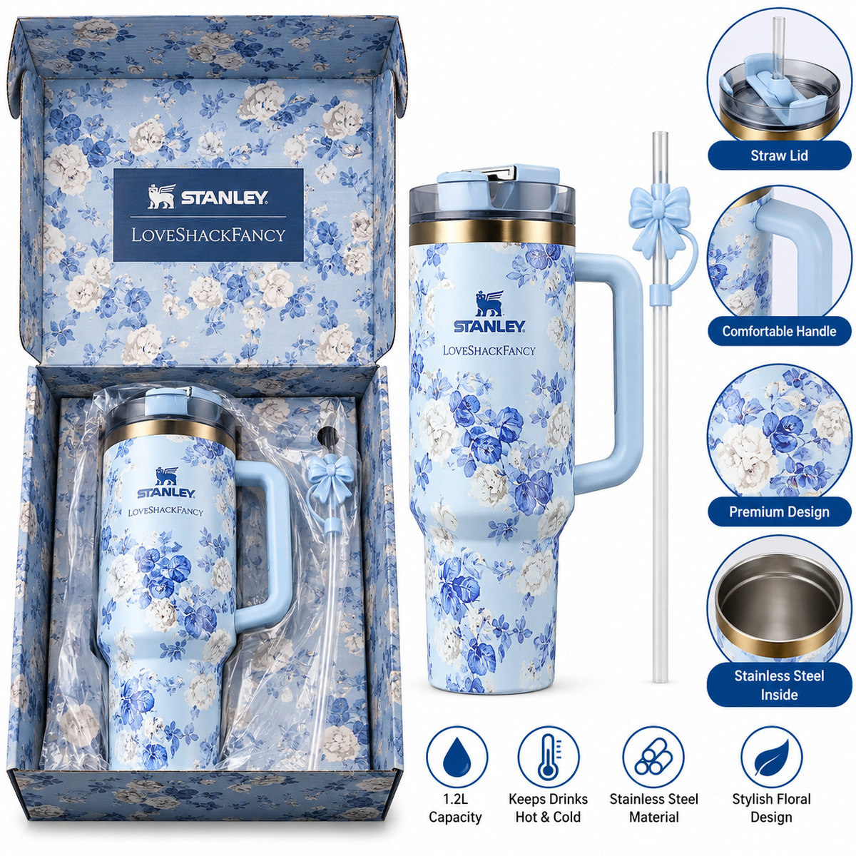 Stanley LoveShackFancy Blue Floral Insulated Tumbler with Handle & Straw | Elegant Blue Rose Print Travel Cup with Gift Box