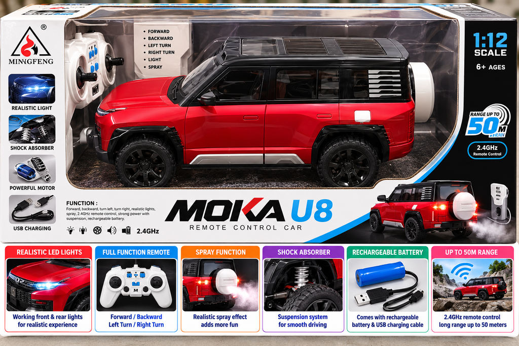 Shuangfeng MOKA U8 1:12 Scale RC SUV Car | 2.4GHz Remote Control Off-Road Vehicle with Dynamic Lights, Sound, Auto Parking & USB Rechargeable Battery – Red