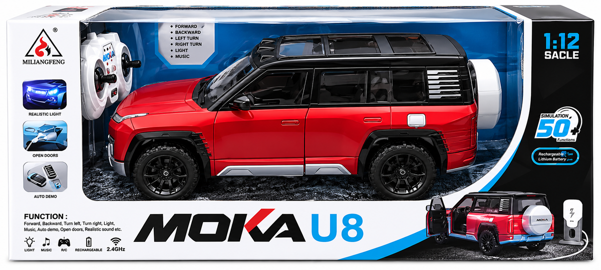 Shuangfeng MOKA U8 1:12 Scale RC SUV Car | 2.4GHz Remote Control Off-Road Vehicle with Dynamic Lights, Sound, Auto Parking & USB Rechargeable Battery – Red