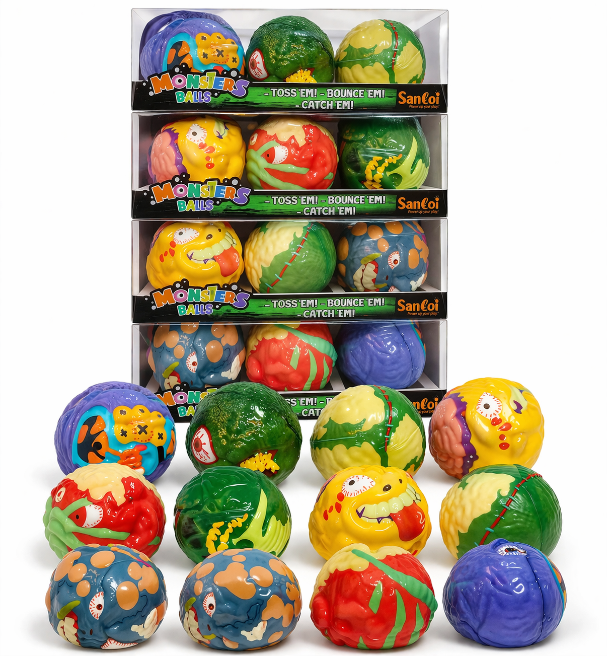 Santoi Monster Balls – Set of 3 Assorted Monster Design Balls | Toss, Bounce & Catch Soft Balls for Kids