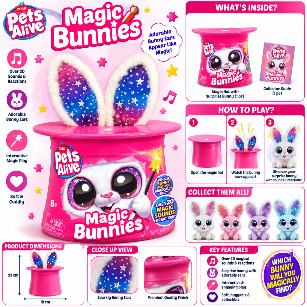 Pets Alive Magic Bunnies Interactive Surprise Bunny in Magic Hat Toy – 8+ Years