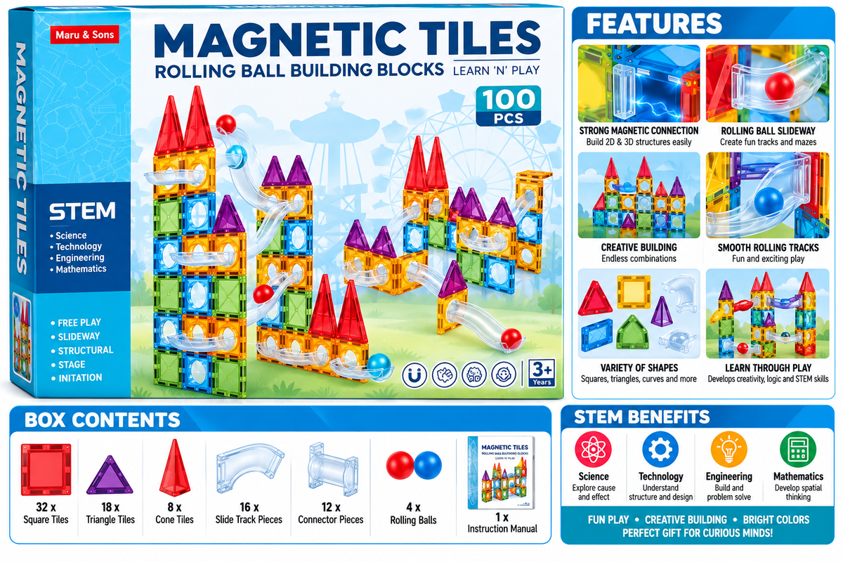 Maru & Sons Magnetic Tiles Rolling Ball Building Blocks – 100 PCS STEM Learning Set | 3+ Years