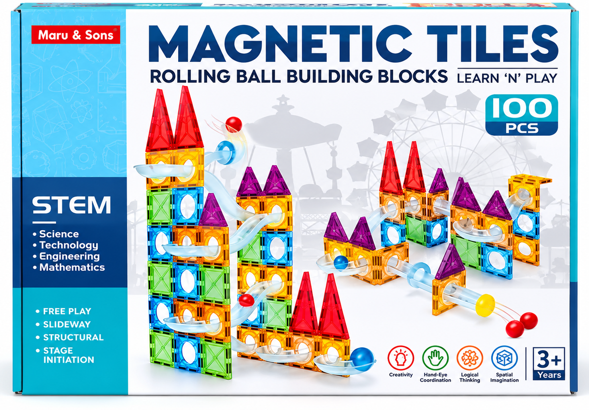 Maru & Sons Magnetic Tiles Rolling Ball Building Blocks – 100 PCS STEM Learning Set | 3+ Years