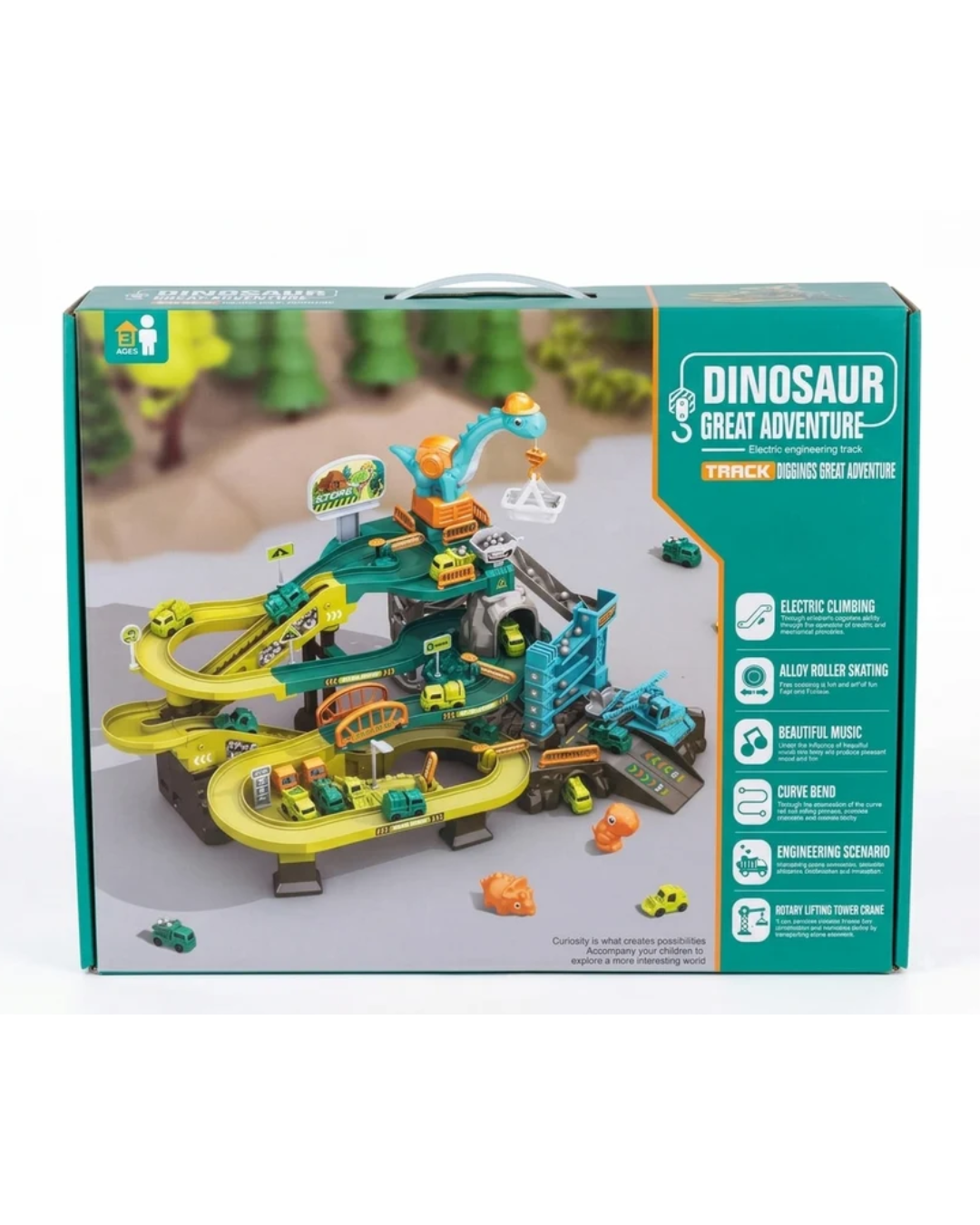 Dinosaur Great Adventure Electric Rail Car & Track Play Set with Music & Rotary Crane for Kids (Ages 3+)