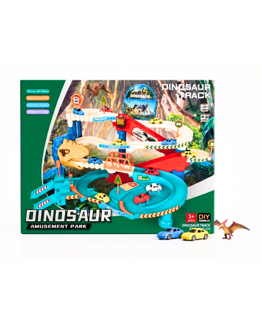 Dinosaur Track Amusement Park Electric Race Track Set with Alloy Cars & Parking Lot