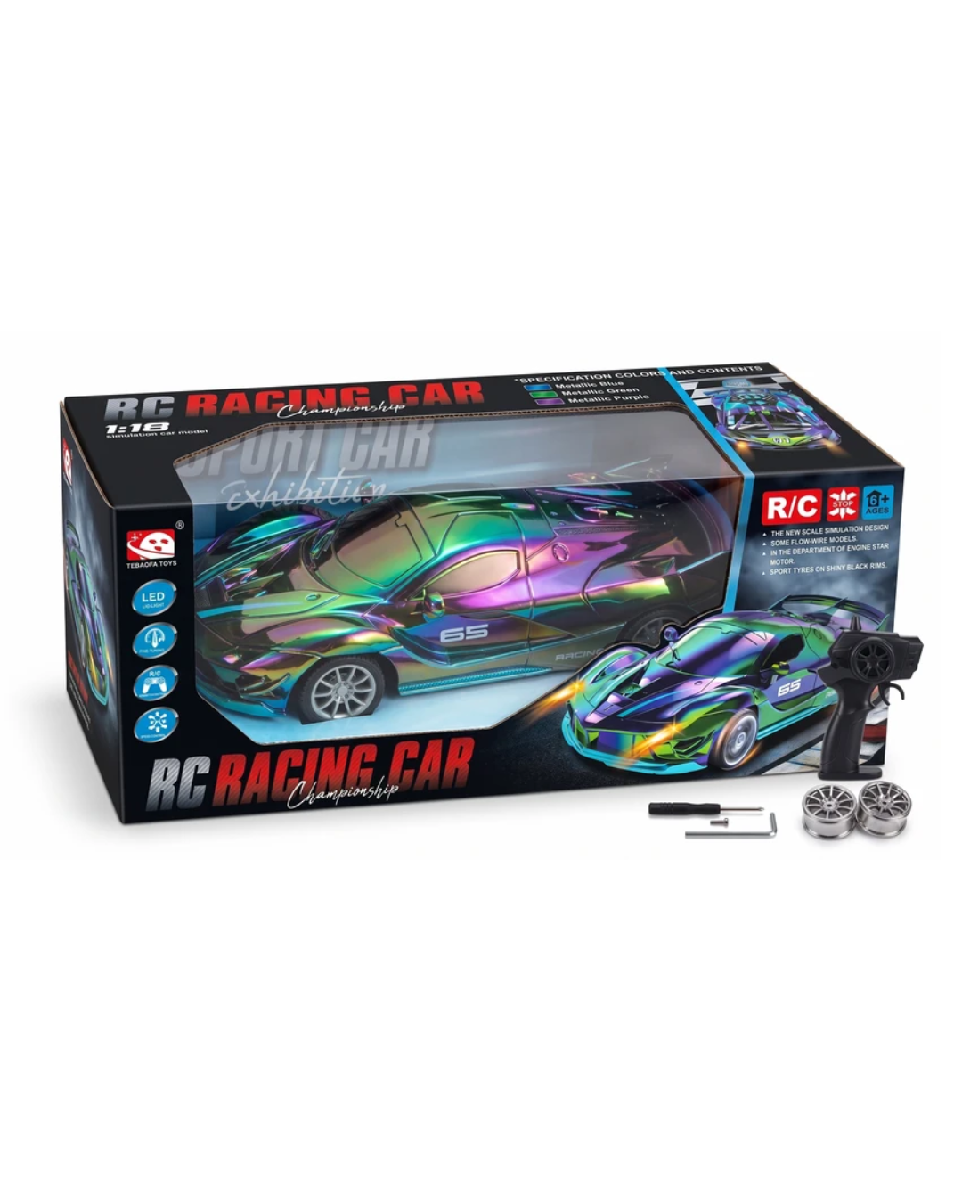 Rainbow Toys 1:18 Scale RC Racing Car with Metallic Chameleon Holographic Finish & LED Lights Assorted Color