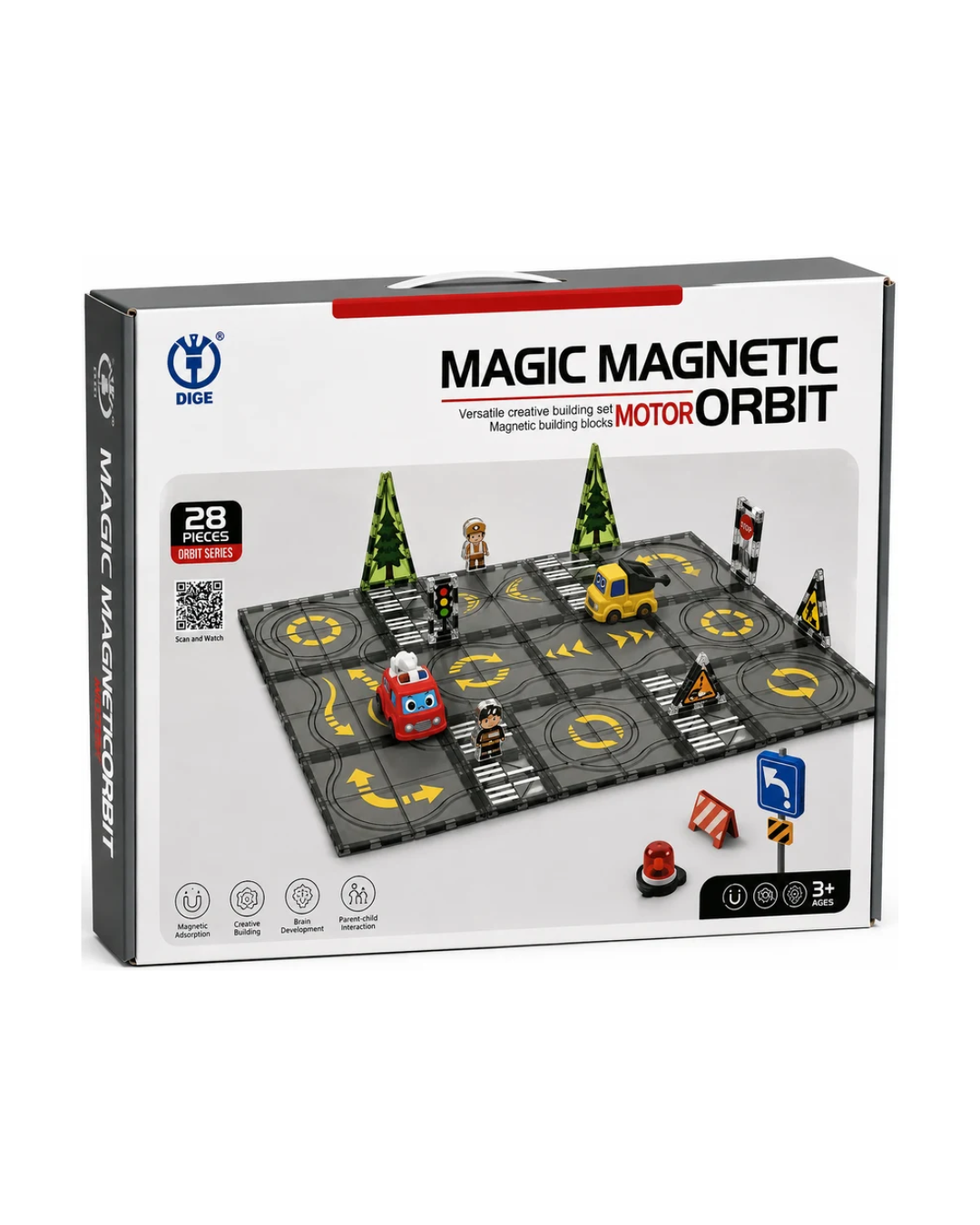 Magic Magnetic Motor Orbit Building Set 28 Pieces – Magnetic Road Track Construction Toy with Cars,