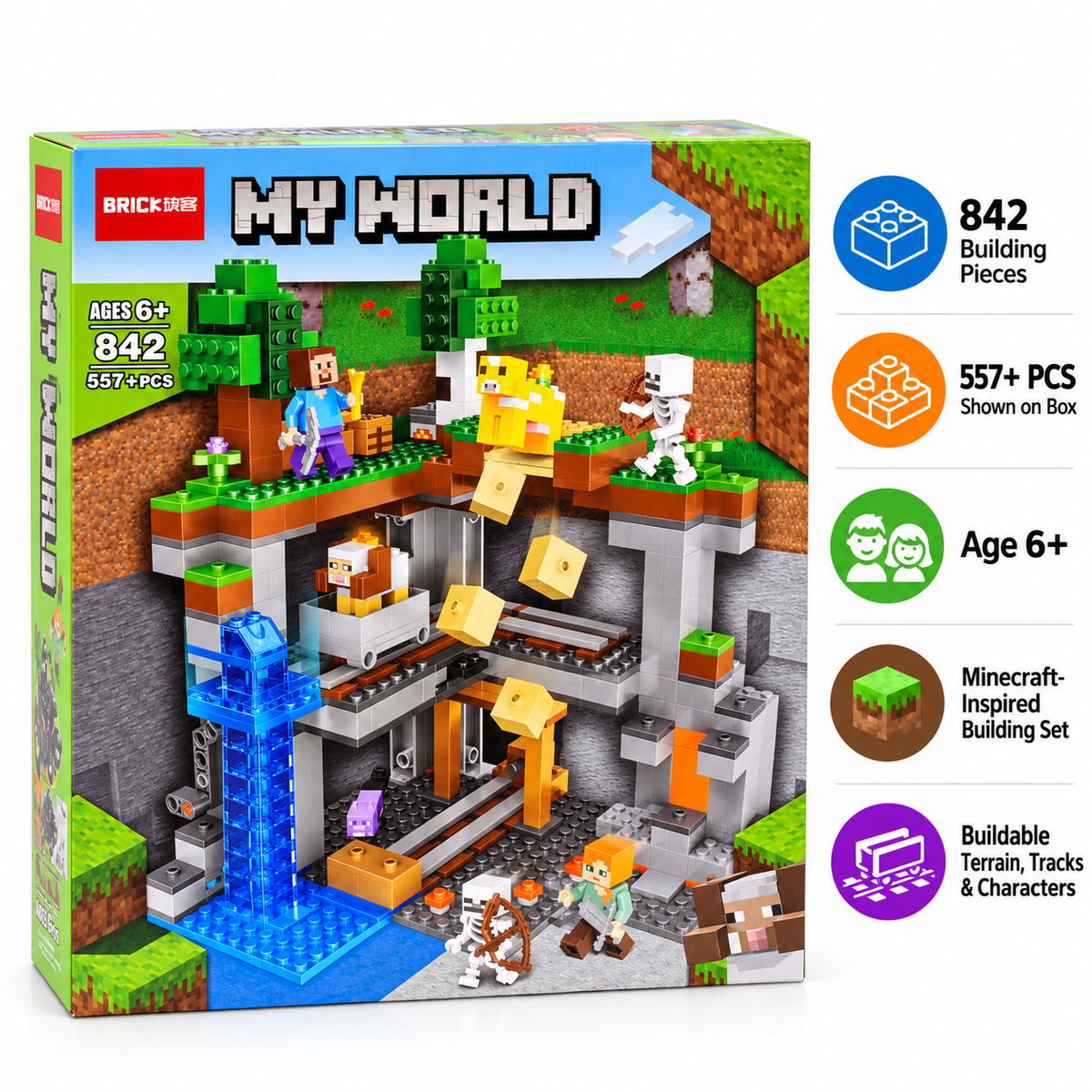 MY WORLD Minecraft Building Blocks Set 842, 557+ Pieces, Creative Mining Adventure Construction Toy for Kids Age 6+