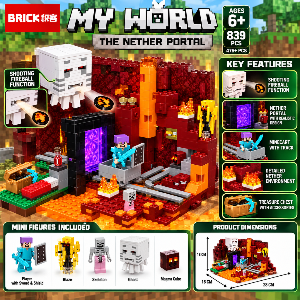 My World The Nether Portal Building Blocks Set – 476+ Pieces | 839 Adventure Brick Set for Kids 6+