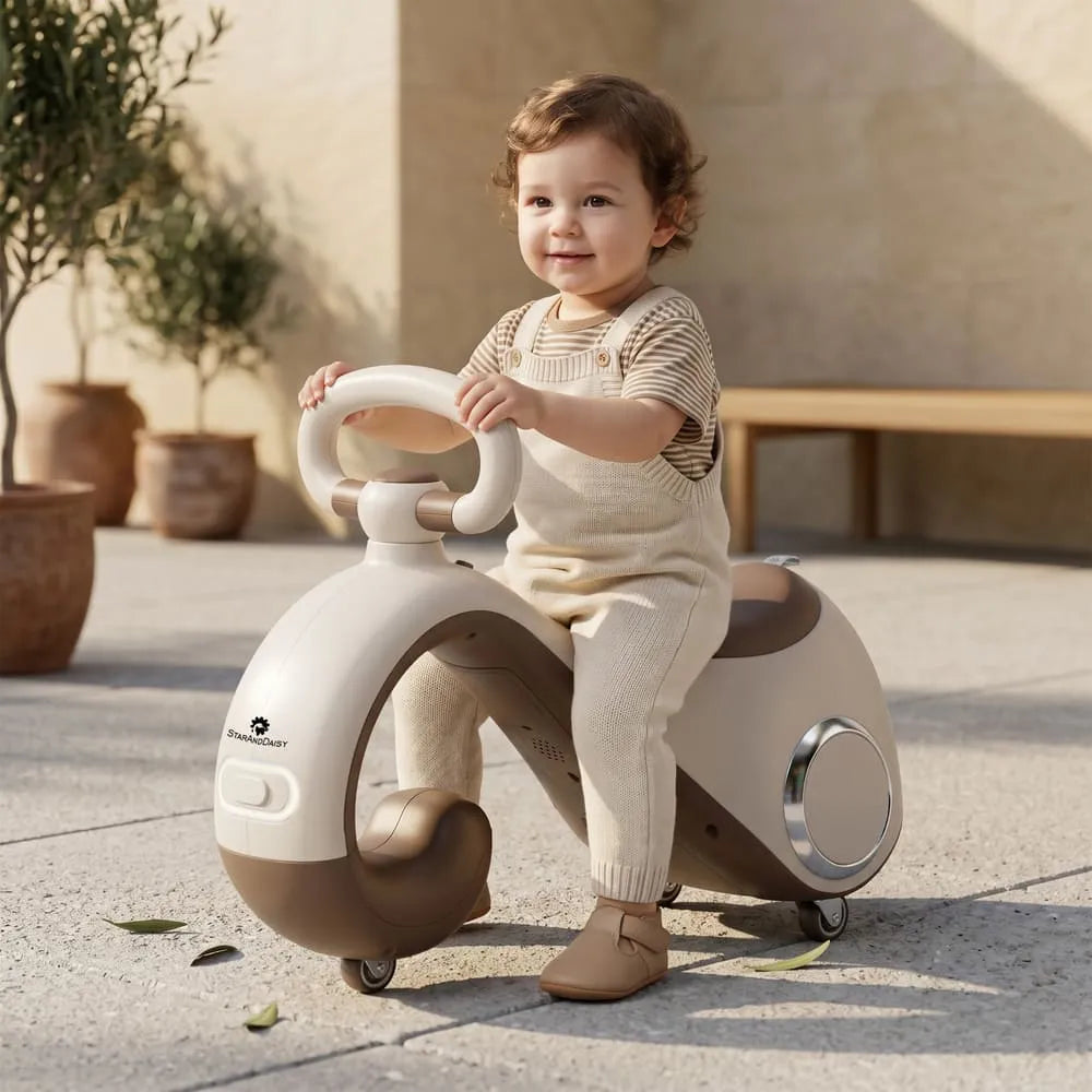StarAndDaisy Minimovo Baby Balance Bike & Swing Car with Lights, Music & Storage – Brown