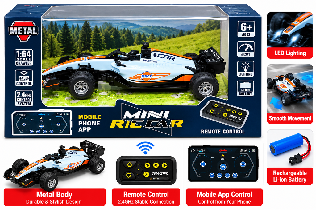 Mini RC F1 Racing Car 1:64 Scale with App Control, 2.4GHz Remote Control, LED Lights & Rechargeable Battery