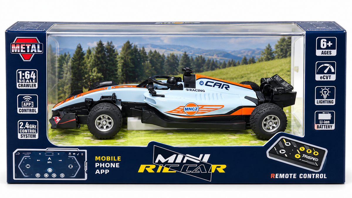 Mini RC F1 Racing Car 1:64 Scale with App Control, 2.4GHz Remote Control, LED Lights & Rechargeable Battery