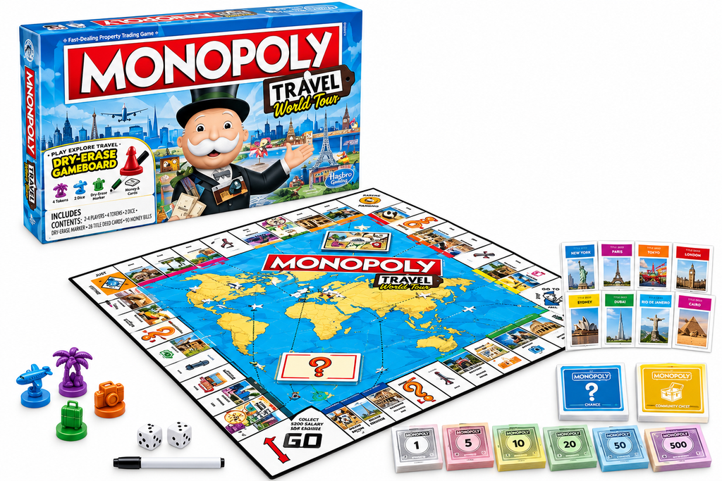 Hasbro Monopoly Travel World Tour Board Game for Kids Ages 8+ | Fast-Dealing Property Trading Family Game
