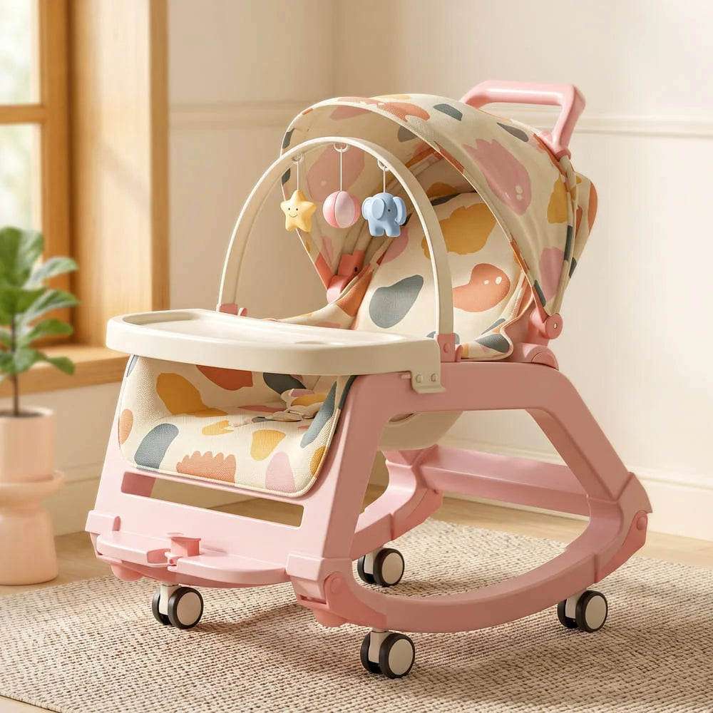 StarAndDaisy Multi-Purpose Baby Rocking Chair with Wheels, Feeding Tray & Push Handle – 0–24 Months, Pink