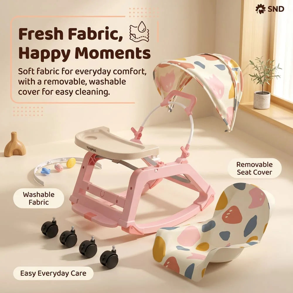 StarAndDaisy Multi-Purpose Baby Rocking Chair with Wheels, Feeding Tray & Push Handle – 0–24 Months, Pink