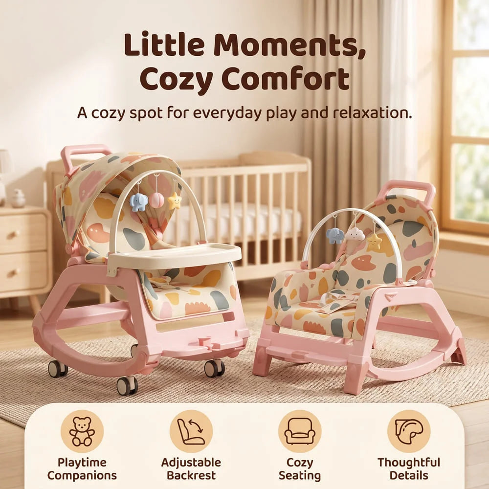 StarAndDaisy Multi-Purpose Baby Rocking Chair with Wheels, Feeding Tray & Push Handle – 0–24 Months, Pink