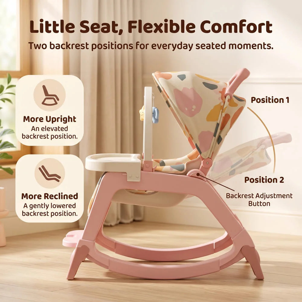 StarAndDaisy Multi-Purpose Baby Rocking Chair with Wheels, Feeding Tray & Push Handle – 0–24 Months, Pink