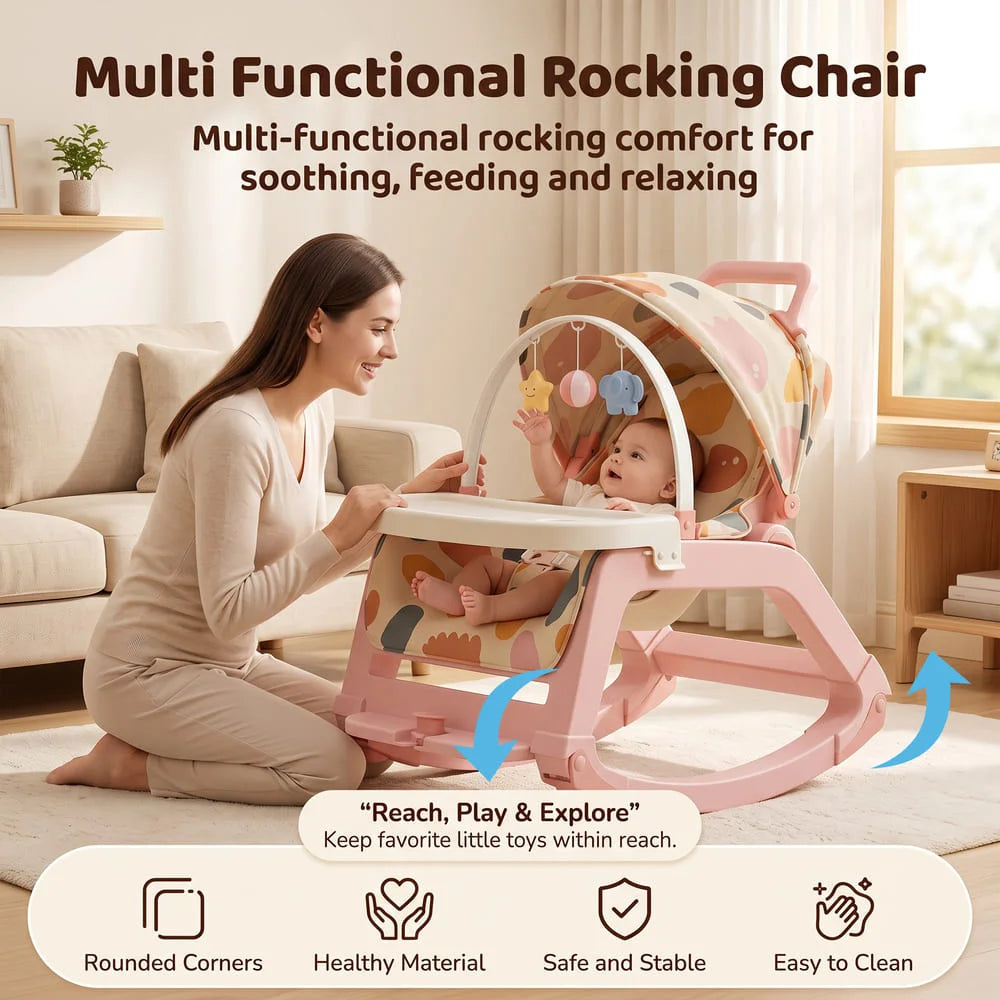 StarAndDaisy Multi-Purpose Baby Rocking Chair with Wheels, Feeding Tray & Push Handle – 0–24 Months, Pink