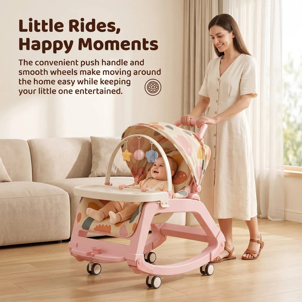 StarAndDaisy Multi-Purpose Baby Rocking Chair with Wheels, Feeding Tray & Push Handle – 0–24 Months, Pink