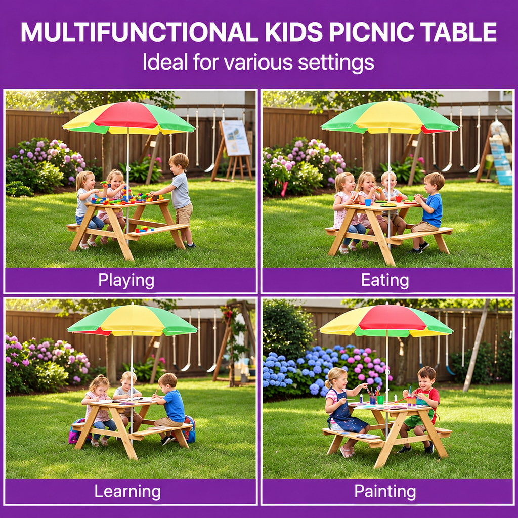 Plum Rectangular Wooden Kids Picnic Table with Adjustable Parasol | Outdoor Activity Table with Benches | Natural Wood