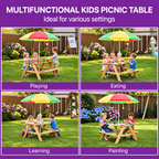 Plum Rectangular Wooden Kids Picnic Table with Adjustable Parasol | Outdoor Activity Table with Benches | Natural Wood
