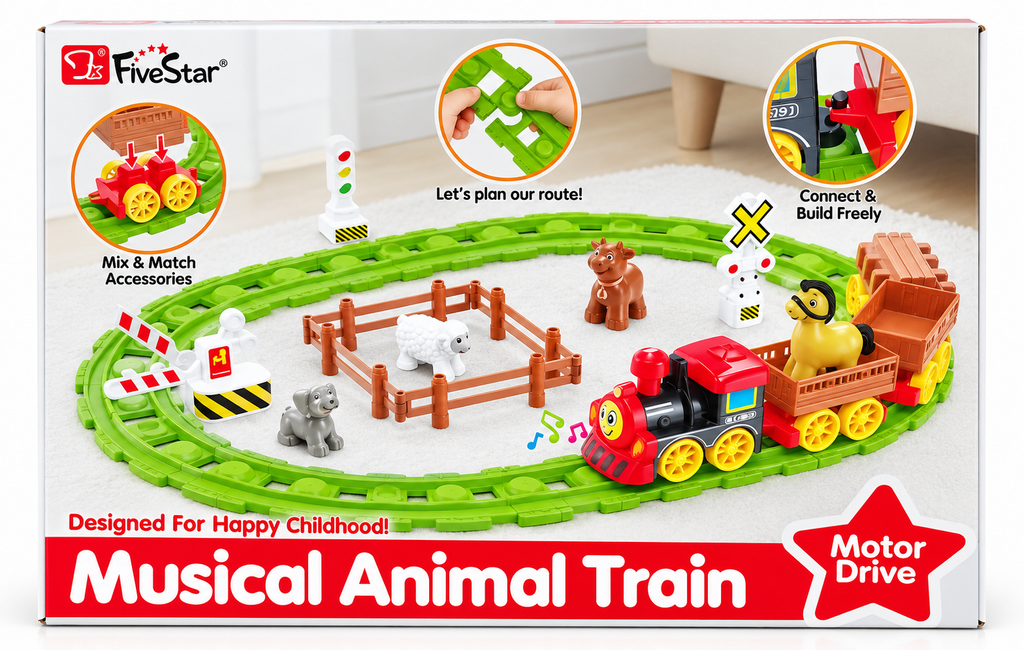 FiveStar Musical Animal Train Toy with Motor Drive, Animal Figures, Detachable Coaches & Build-Your-Own Track
