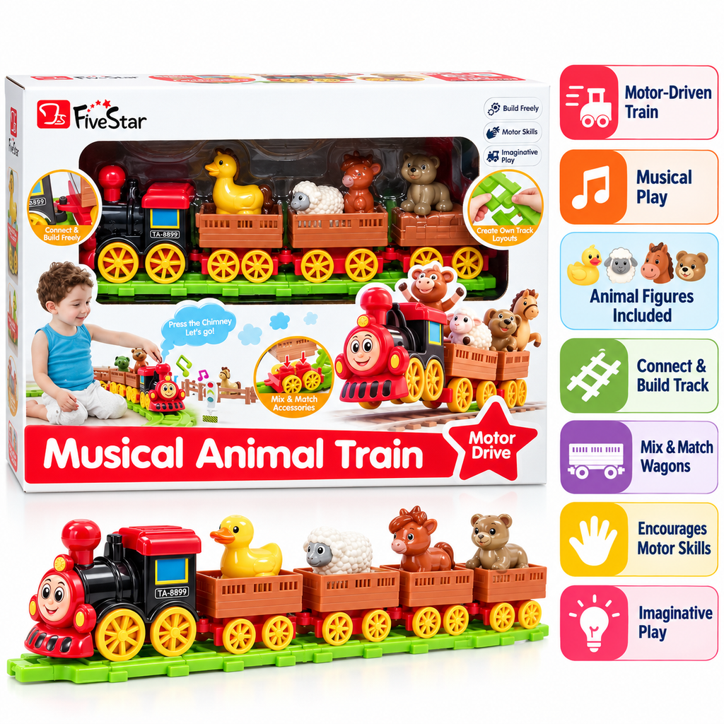 FiveStar Musical Animal Train Toy with Motor Drive, Animal Figures, Detachable Coaches & Build-Your-Own Track