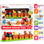 FiveStar Musical Animal Train Toy with Motor Drive, Animal Figures, Detachable Coaches & Build-Your-Own Track