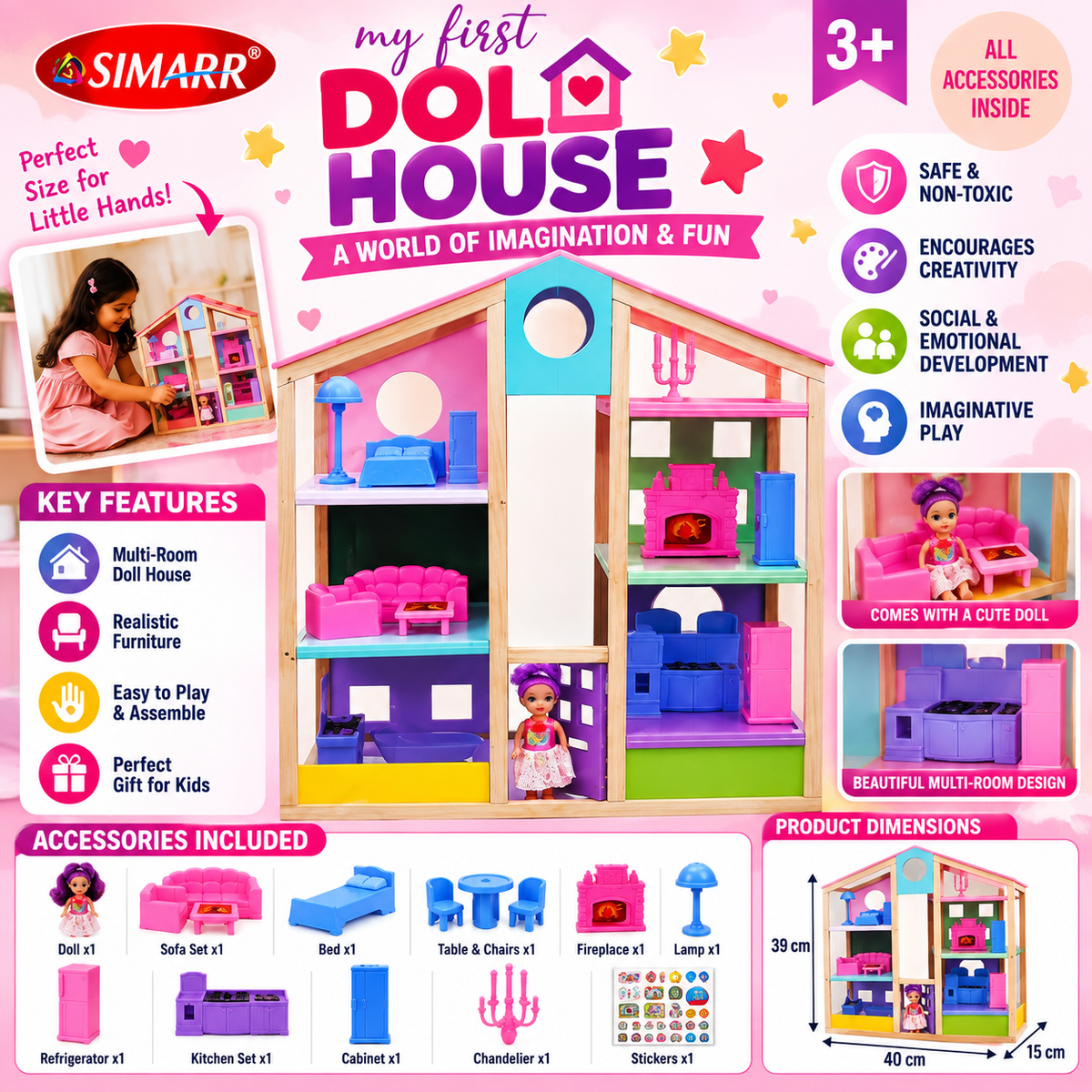 Simarr My First Doll House Playset with Doll & Accessories | Wooden Pretend Play House for Kids | 3+ Years