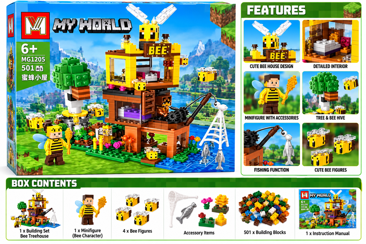 My World Bee House 501 Pcs Building Blocks Set – Creative Honey Bee Treehouse Toy for Kids 6+