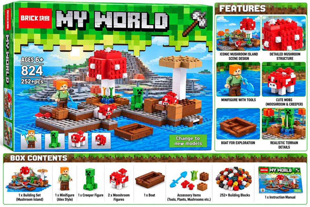 My World Mushroom Island Building Blocks Set – 252+ Pieces | 6+ Years