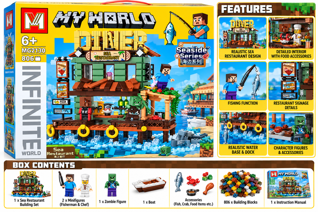My World Seaside Sea Restaurant 806 Pcs Building Blocks Set – Fishing & Restaurant Construction Toy for Kids 6